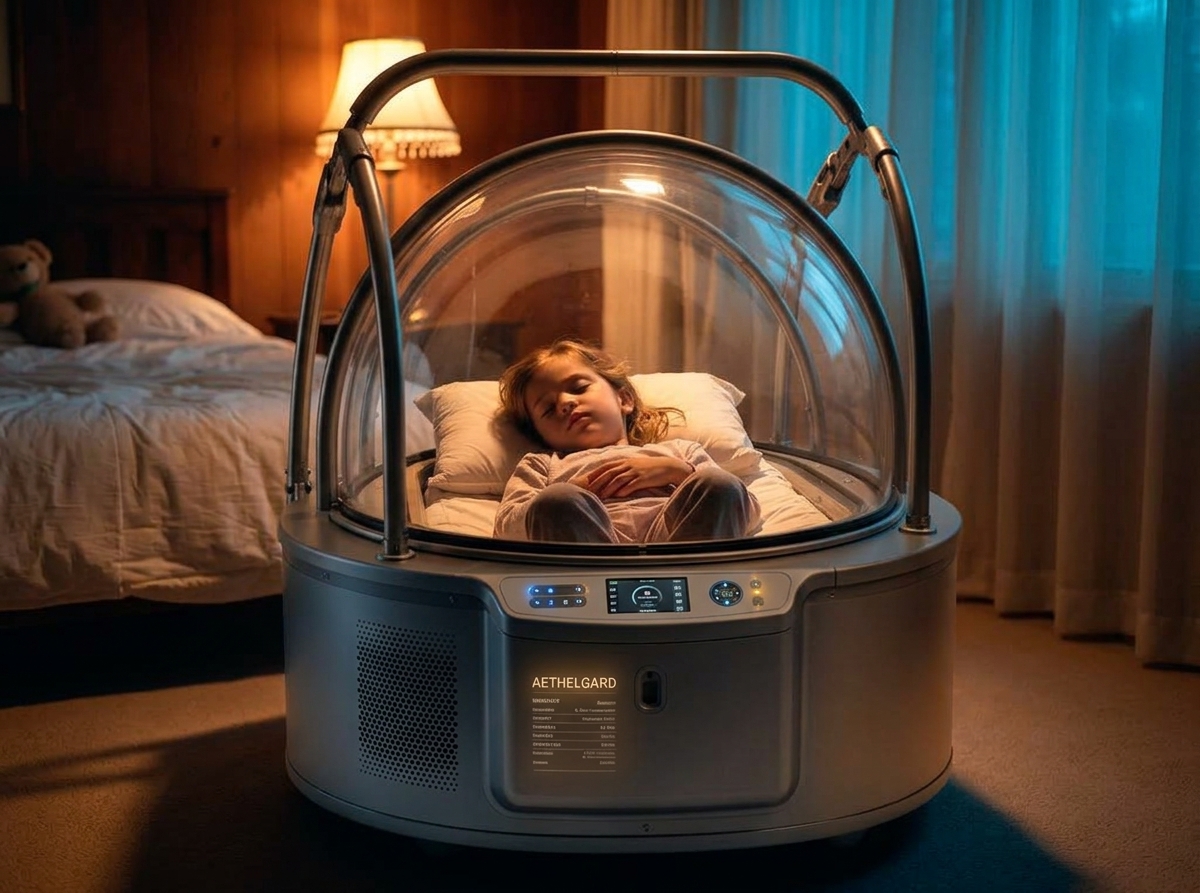 Niña dormida dentro de la cápsula FreeParents FP-07 Solo en un dormitorio iluminado por una lámpara de noche